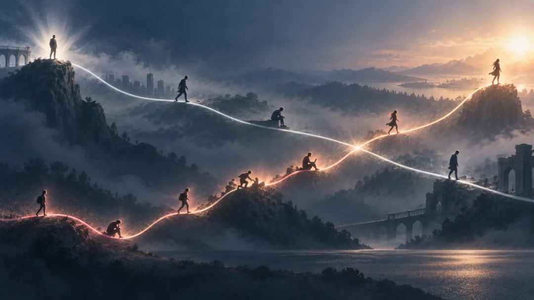 两条不断变化的人生曲线：一条从高位缓慢向下，一条在波动中持续向上